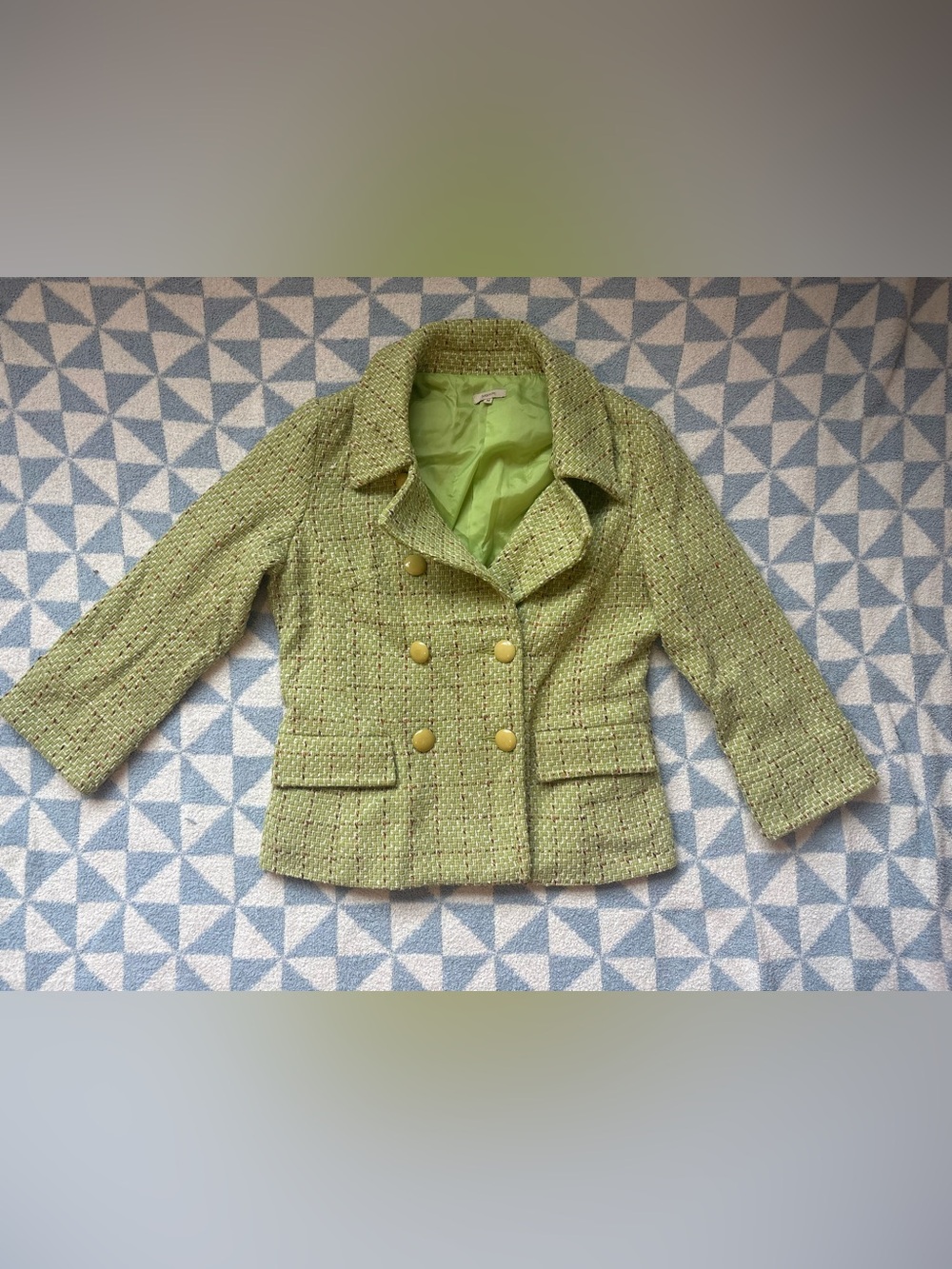 Double-Breasted Green Tweed Cropped Blazer